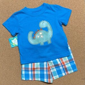 Blue Dinosaur Applique Shirt made to match Plaid Shorts Set